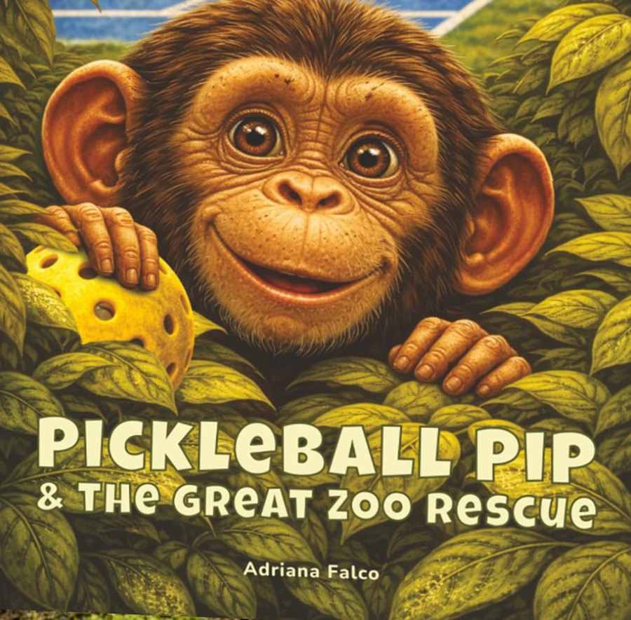 Cover of Pickleball Pip and the Great Zoo Rescue: a smiling young chimpanzee peeks out of jungle leaves, holding a yellow pickleball.
